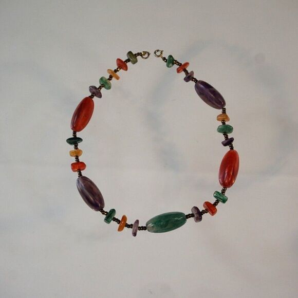 Choker Necklace Polished Multi Colored Gemstone Beads 15 Inch Long - Picture 4 of 7